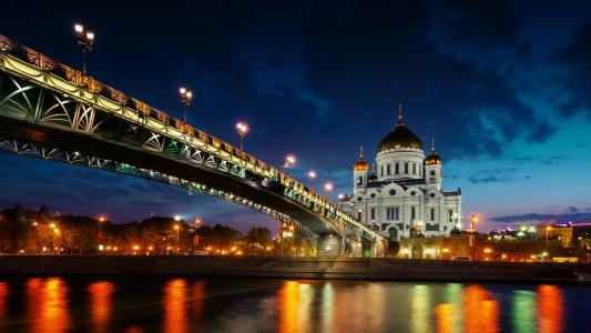 照片，城市，莫斯科，寺，晚上，桥，河