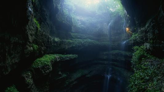 下降，峡谷，洞穴，光，景观，性质，瀑布