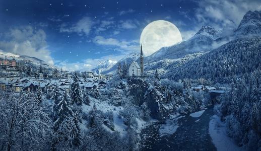 冬天，雪，性质，河，教堂，月亮