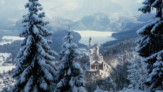 新天鹅堡，城堡，山，德国，冬天，美丽