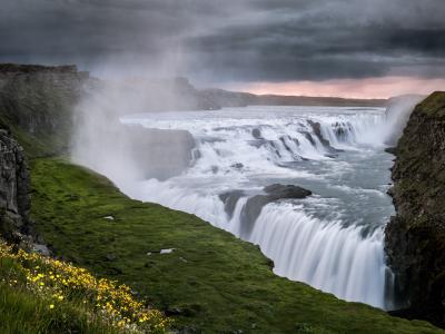 河，Hvitau，冰岛，瀑布，性质，鲜花，云，日落，岩​​石，水，照片