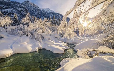 冬季，大自然，美丽，河，雪，山，美丽