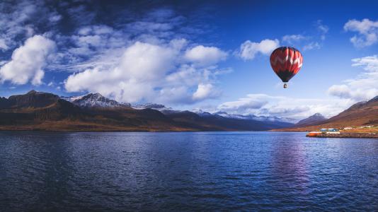 冰岛，山，天空，气球，云，Reydarfjordur湾，性质