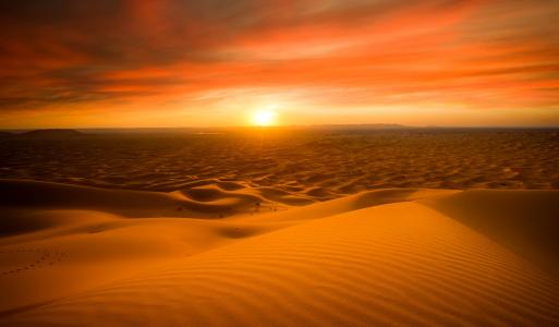 摩洛哥Merzouga，沙，自然，撒哈拉沙漠，日落，沙漠，地平线，太阳