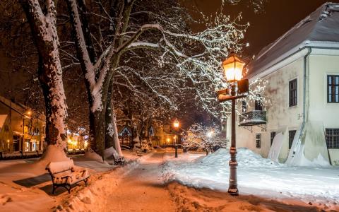灯笼，Samobor，冬天，雪，萨格勒布，克罗地亚，房屋