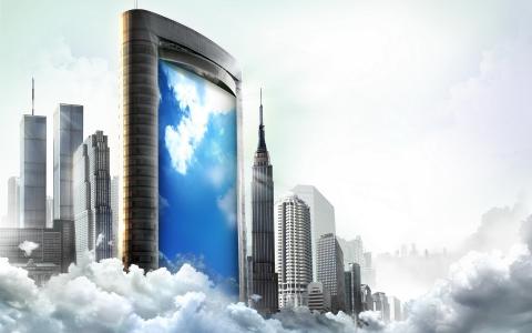 大屏幕，摩天大楼，云彩