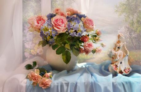 瓦伦蒂娜Kolova，窗口，布，面纱，花瓶，鲜花，玫瑰，雕像，雕像，女孩