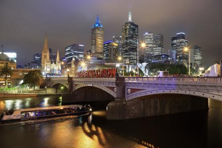澳大利亚，墨尔本，城市，美容，桥梁，建筑物，河，晚上，灯光，照明