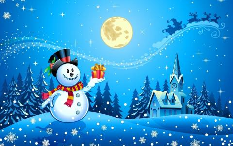雪人，围巾，帽子，礼物，雪，星星，雪花，冷杉，天空，径，圣诞老人，鹿，盛宴