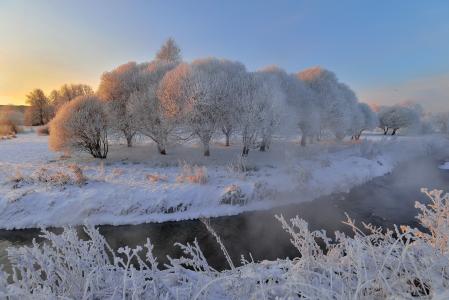 Gordeev Eduard，自然，冬天，雪，树，草，霜，霜，太阳，小溪，蒸汽