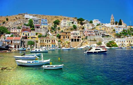 希腊，房子，船，希腊，海岸，海