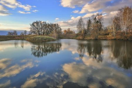 树，池塘，天空，反射，秋天，Zadorina斯韦特兰娜