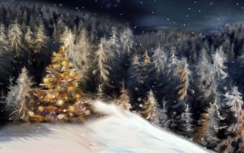 新的一年，冬天，晚上，森林，雪，树，假期，圣诞树，圣诞节