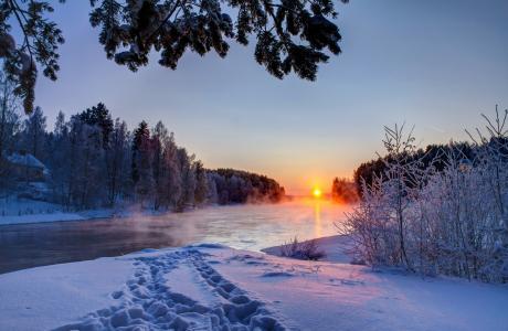 冬天，河，自然，美丽，太阳，雪，房子，早上，霜