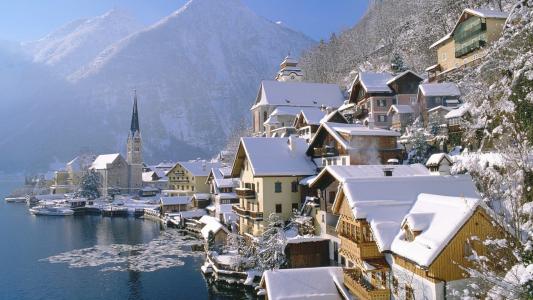 奥地利，城市，冬天，河