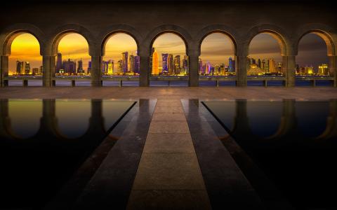 伊斯兰艺术博物馆，多哈，卡塔尔，城市，晚上，建筑