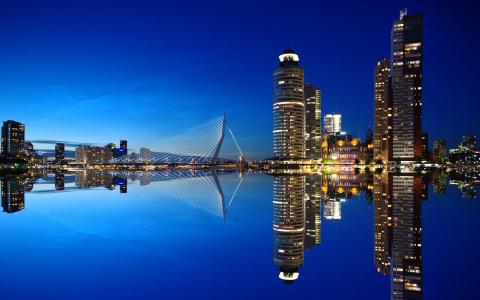 城市，鹿特丹，荷兰，建筑，摩天大楼，灯，晚上，反射，美丽