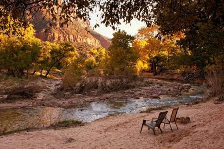 河，峡谷，树木，椅子，美丽