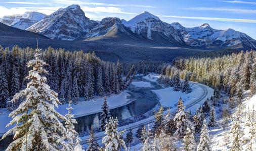 山，冬天，自然，加拿大，森林，火车，路，雪，山区河流，美丽