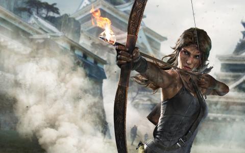 坟茔入侵者，Lara Croft，抽烟，火热的箭头，弓，大厦