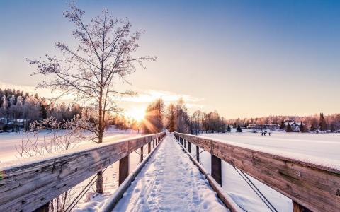 自然，冬季，桥，钓鱼，人，雪，湖，天空，太阳，美丽