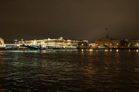 桥，圣彼得堡，晚上，彼得