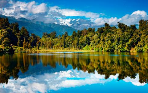 自然，森林，山，湖，新西兰，美丽，新西兰，天空，云，水，反射，美丽