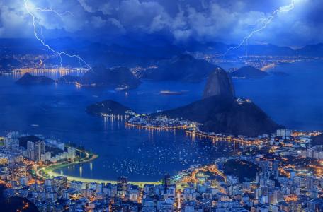 巴西，里约热内卢，城市，灯光，照明，建筑物，山，闪电，云，美女