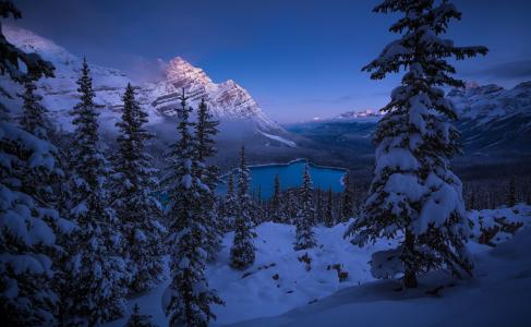 加拿大，山，自然，冬天，湖