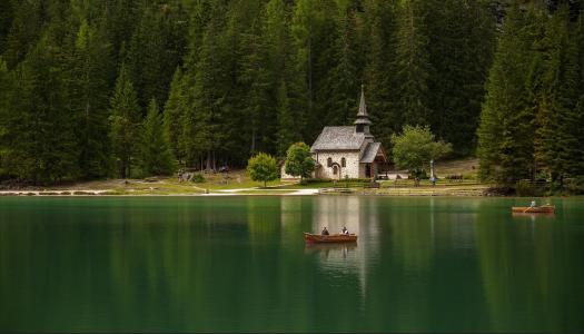湖，森林，船，房子，美容