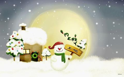 新的一年，枞树，圣诞节，雪人，雪，晚上