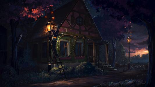 房子，童话故事，艺术，灯笼，夜，幻想