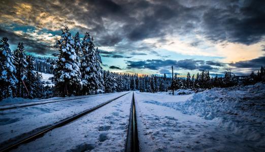 冬天，景观，铁路，雪，云杉，云，性质
