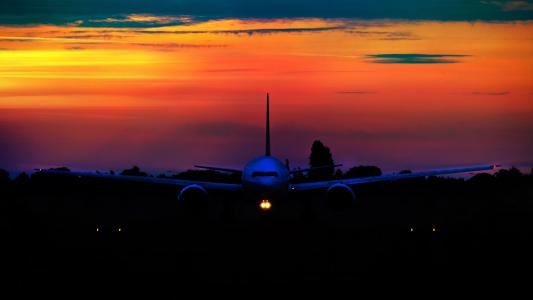 飞机，日落，正面图，晚上