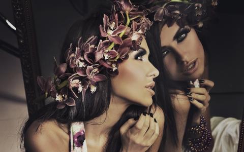monika pietrasinska，模型，黑发，兰花，镜子，反射，查看，海绵，鲜花