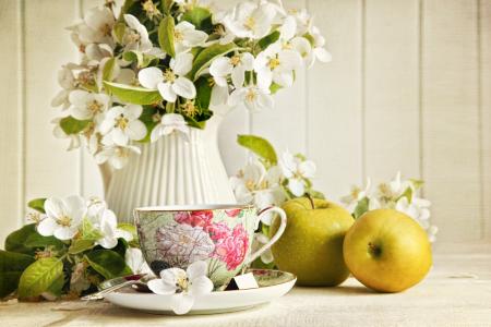 苹果，杯子，鲜花，绿色，水罐，茉莉花，茶