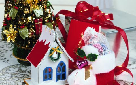 新的一年，房子，圣诞树，丝带，礼品，圣诞节