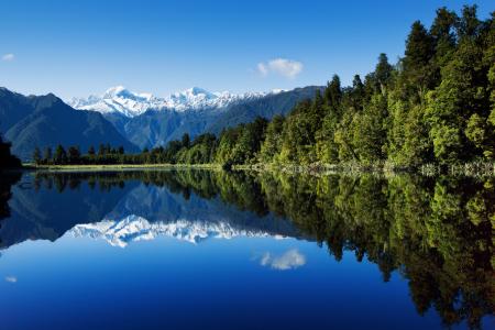 反射，山，森林，水，天空，新西兰，湖