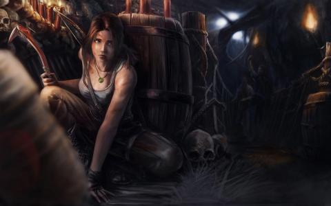 坟茔入侵者，Lara Croft，古墓丽影，头骨，桶，强盗，冰斧，火炬