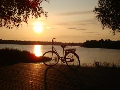 晚上，日落，太阳，自行车，美女