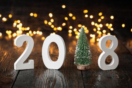 假期，新的一年，2018年，数字，董事会，圣诞树，散景