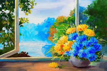 绘画，艺术，夏天，鲜花，花束，窗口