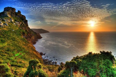 英格兰，自然，景观，海岸，海，岩石，太阳，天空，地平线，石头，日落