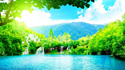 自然，森林，瀑布，瀑布，山，天空，photoshop，池塘，湖泊，树木，岩石