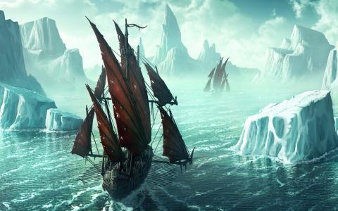 绘图，冰，冰山，海盗船，黑色的风帆