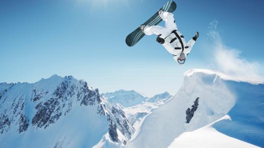 滑雪，单板滑雪，跳板，板，冬天，雪，性质，眼镜，山，天空，云，太阳
