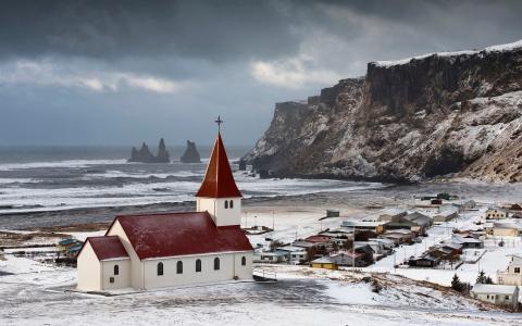 冰岛，岩石，海洋，阴天，村庄，美丽