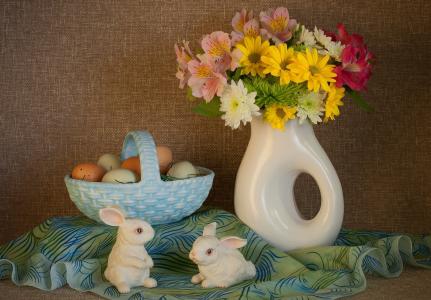 复活节，复活节，花瓶，篮子，鲜花，鸡蛋，小雕像，兔子，布，假期