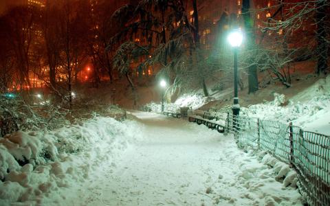 灯笼，公园，晚上，光，建筑物，雪，人行道，城市