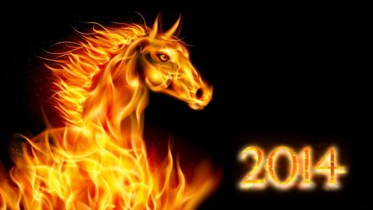 新的一年，假期，马，火热，2014年，数字，黑色的背景